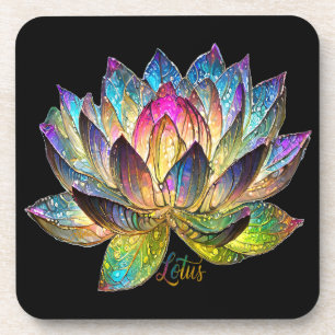 Stained Glass Colorful Lotus Flower on Black Coaster