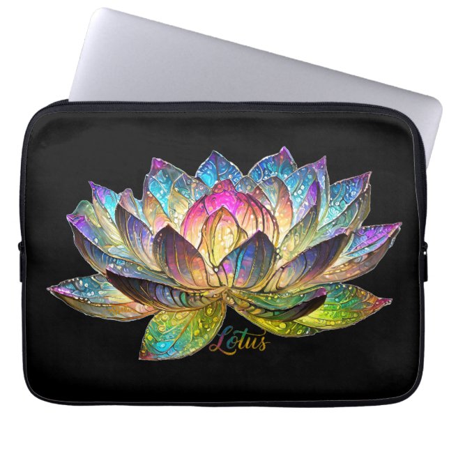 Stained Glass Colorful Lotus Flower on Black Laptop Sleeve (Front)