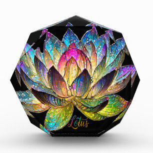 Stained Glass Colorful Lotus Flower on Black Photo Block