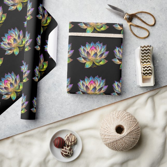 Stained Glass Colorful Lotus Flower on Black Wrapping Paper (Crafts)