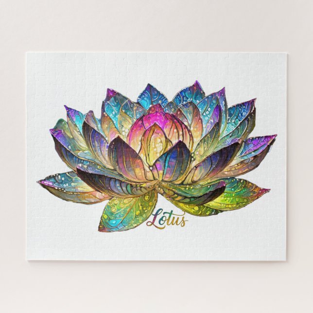 Stained Glass Colorful Lotus Flower on White Jigsaw Puzzle (Horizontal)