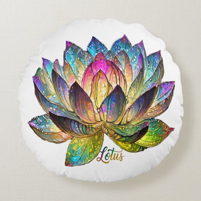 Stained Glass Colorful Lotus Flower on White Round Cushion (Front)