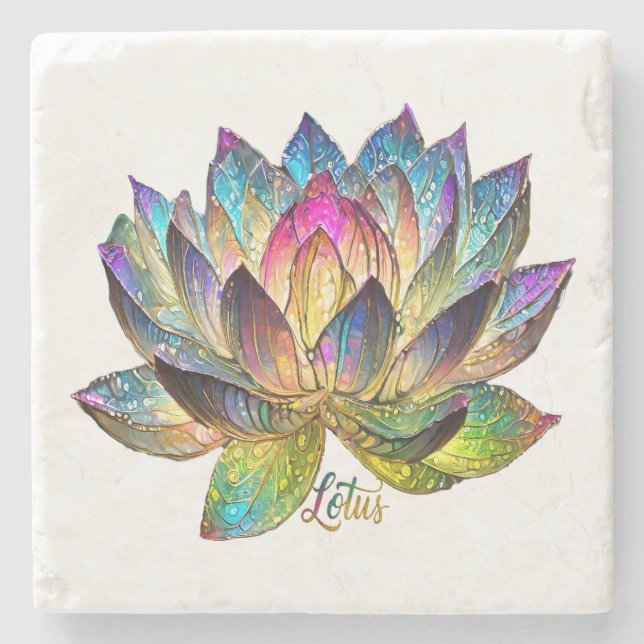 Stained Glass Colorful Lotus Flower on White  Stone Coaster (Front)