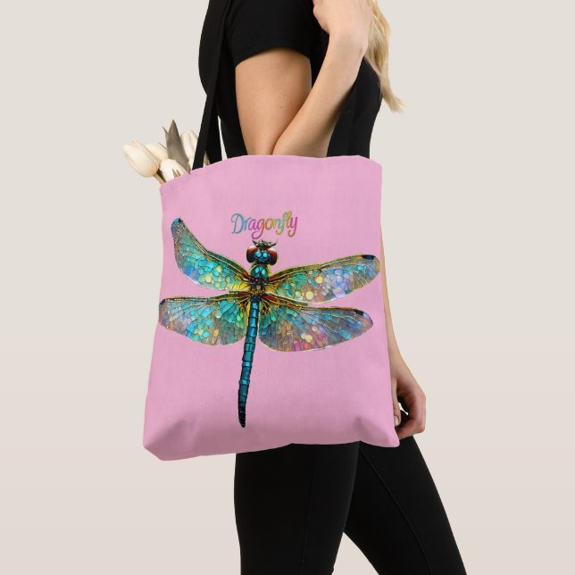 Stained Glass Colourful Dragonfly Tote Bag (Close Up)