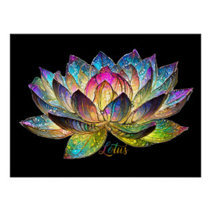 Stained Glass Colourful Lotus Flower on Black Poster