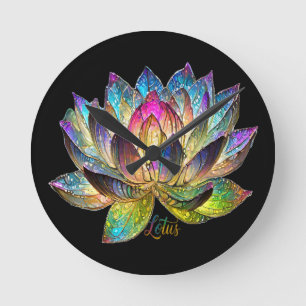 Stained Glass Colourful Lotus Flower on Black Round Clock