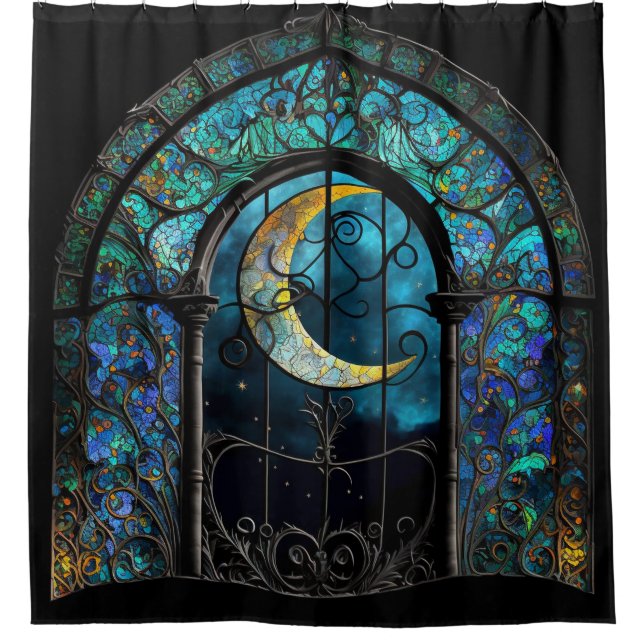 Stained Glass Crescent Moon Shower Curtain (Front)