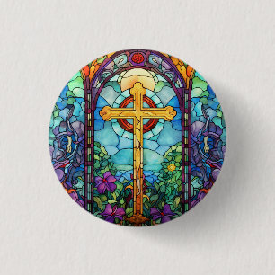 Stained Glass Cross  3 Cm Round Badge