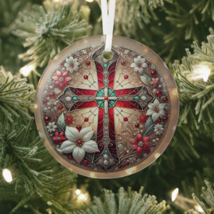 Stained Glass Cross and Poinsettias  Tree Decoration