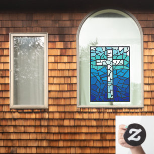 Stained Glass Cross Blue Black White 
