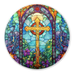 Stained Glass Cross  Ceramic Knob