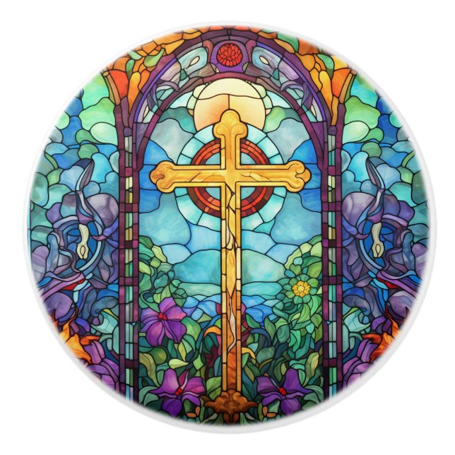 Stained Glass Cross  Ceramic Knob (Front)