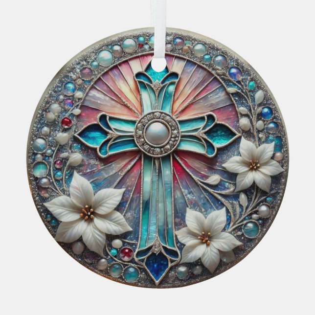Stained Glass Cross with Pearls and Poinsettias  Tree Decoration (Back)