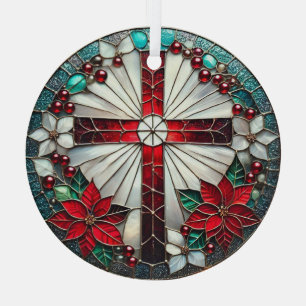 Stained Glass Cross with Poinsettias  Tree Decoration