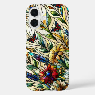 Stained Glass Design Wildflowers and Butterflies iPhone 16 Case