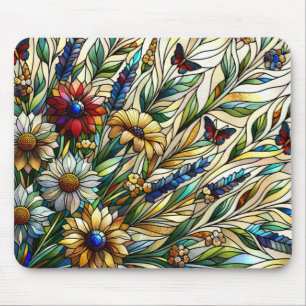 Stained Glass Design Wildflowers and Butterflies Mouse Pad