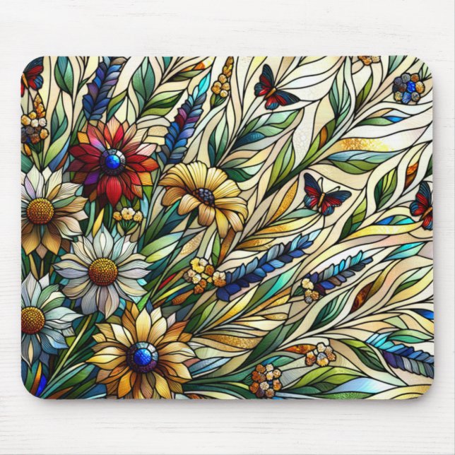 Stained Glass Design Wildflowers and Butterflies Mouse Pad (Front)