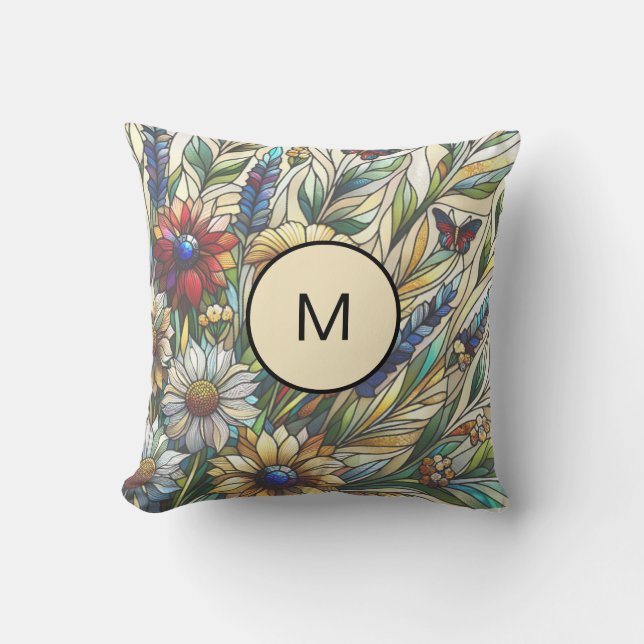 Stained Glass Design Wildflowers Field Monogram Cushion (Front)