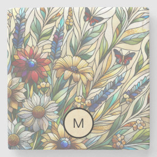 Stained Glass Design Wildflowers Field Monogram Stone Coaster