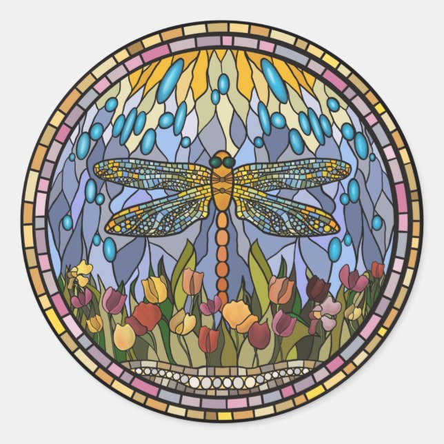 Stained Glass Design with a Dragonfly Classic Roun Classic Round Sticker (Front)