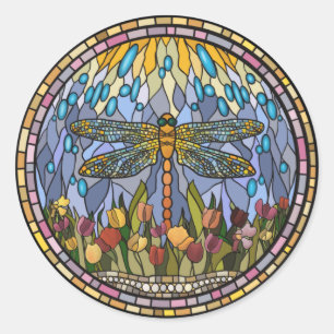 Stained Glass Design with a Dragonfly Classic Roun Round Sticker