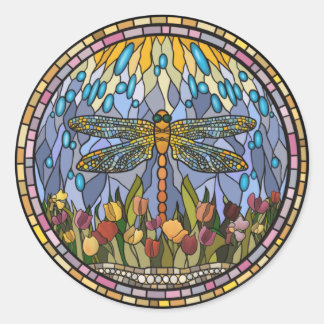 Stained Glass Design with a Dragonfly Classic Roun Round Sticker