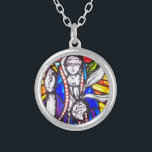 Stained Glass Design with Religious Figure. Silver Plated Necklace<br><div class="desc">Christian Church window stained-glass design offers a pattern of richly coloured panes to create this bright and Colourful Stained Glass Design with depiction of a Religious Figure.</div>