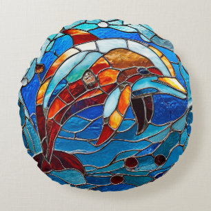 Stained glass dolphin round cushion