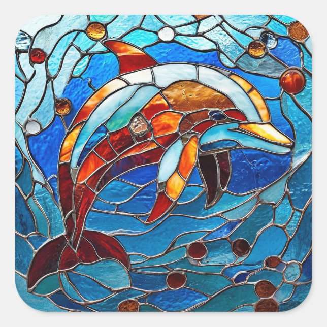 Stained glass dolphin square sticker (Front)