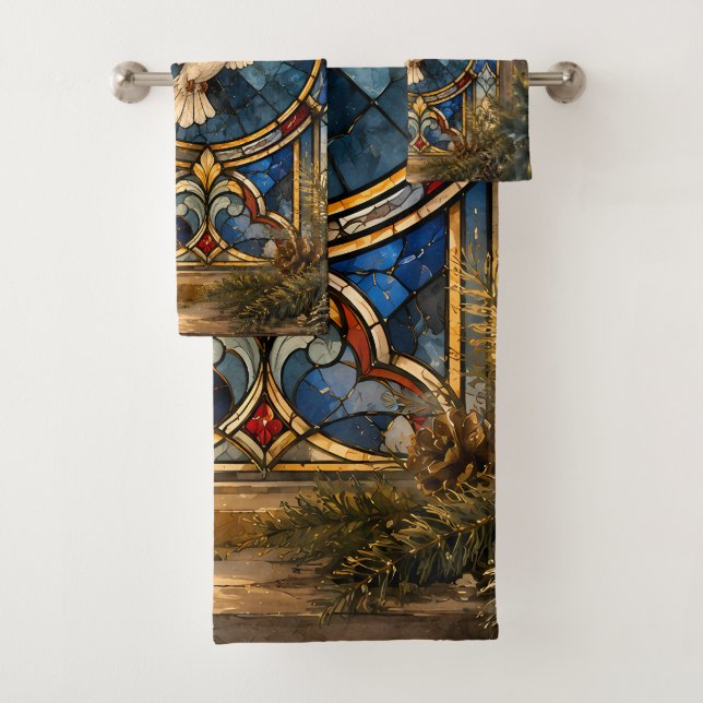 Stained Glass Dove Christmas Window Bath Towel Set (Insitu)