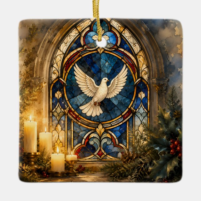 Stained Glass Dove Christmas Window Ceramic Ornament (Front)
