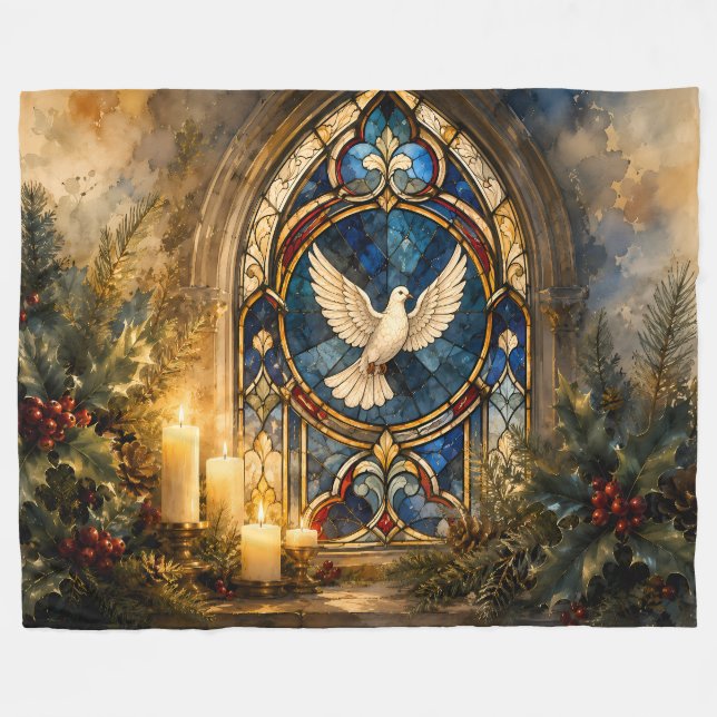 Stained Glass Dove Christmas Window Fleece Blanket (Front (Horizontal))