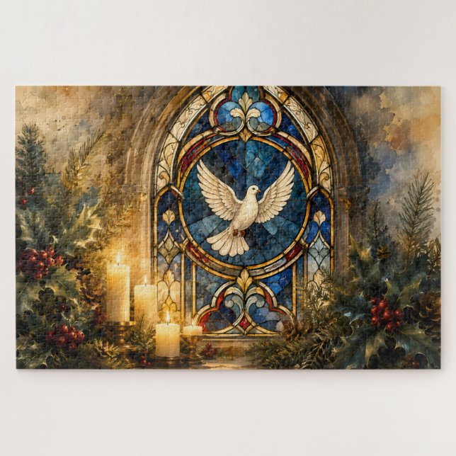 Stained Glass Dove Christmas Window Jigsaw Puzzle (Horizontal)