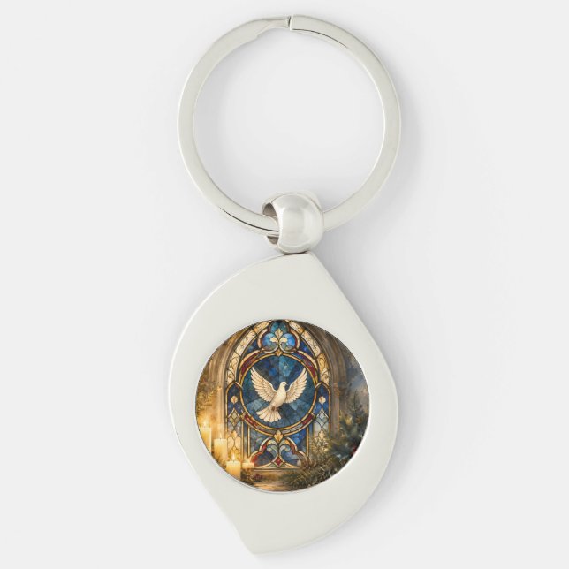 Stained Glass Dove Christmas Window Key Ring (Front)