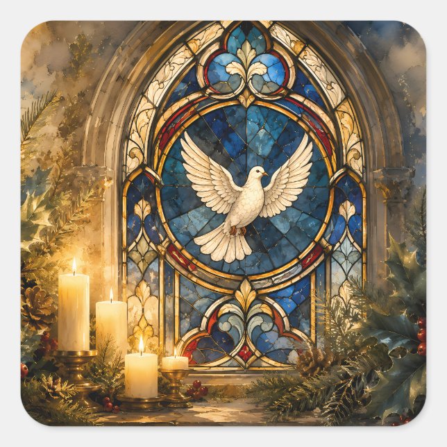 Stained Glass Dove Christmas Window Square Sticker (Front)