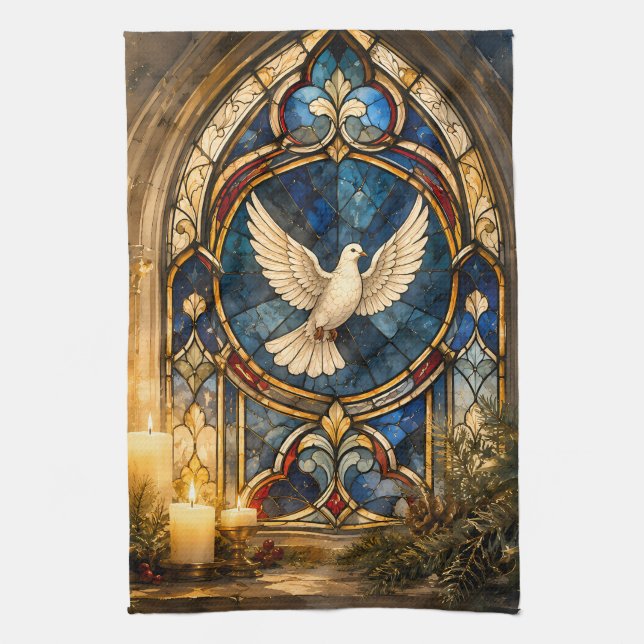 Stained Glass Dove Christmas Window Tea Towel (Vertical)