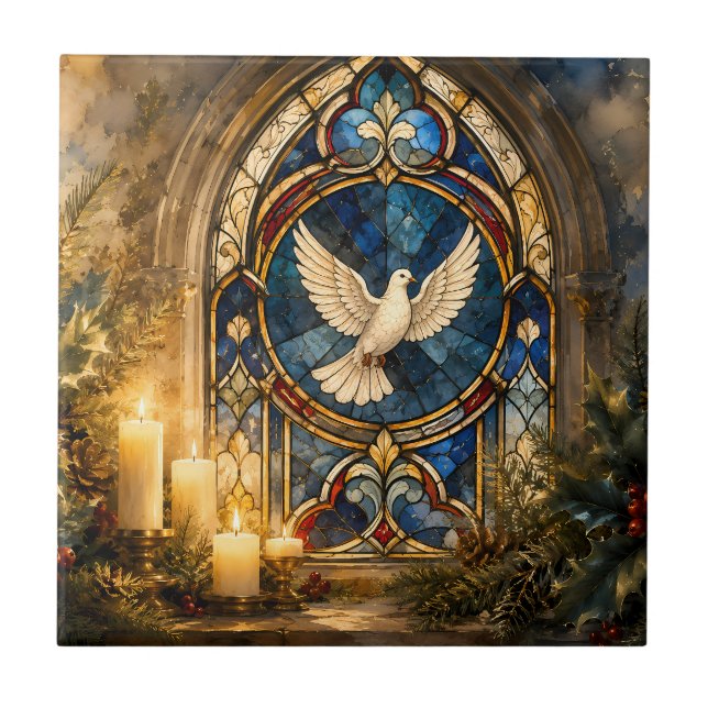 Stained Glass Dove Christmas Window Tile (Front)