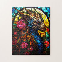 Stained Glass Dragon with Flowers Puzzle