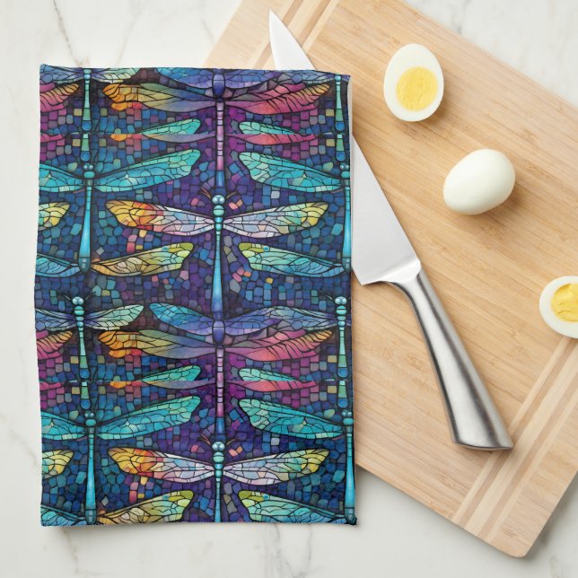 Stained Glass Dragonfly Design Tea Towel (Quarter Fold)
