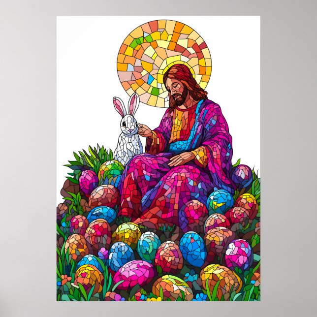 Stained Glass Easter Bunny Jesus  Poster (Front)