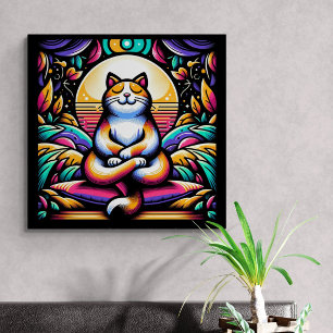 Stained Glass Effect Colourful Cat in Meditation Canvas Print