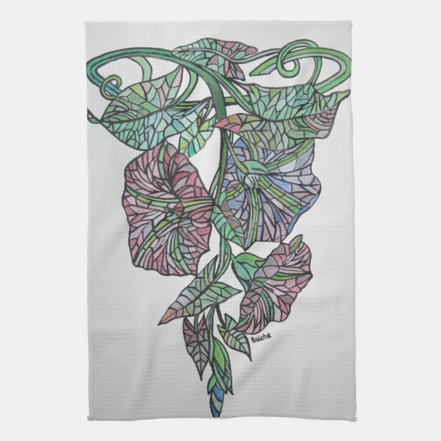 Stained Glass Effect Morning Glory September Birth Tea Towel (Vertical)