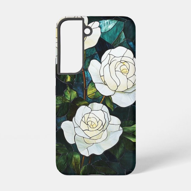 Stained Glass Effect Samsung Case, White Roses Galaxy S22 Case (Back)