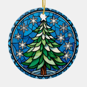 Stained Glass Evergreen Snowflakes Art Ceramic Tree Decoration