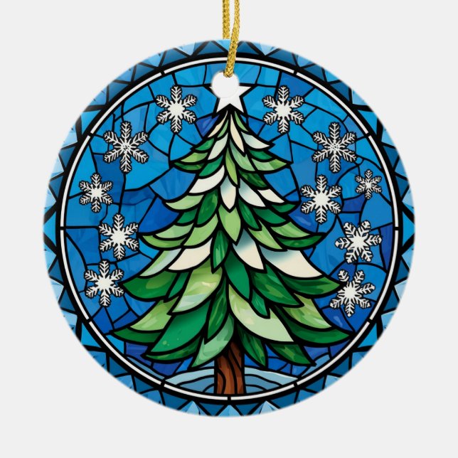 Stained Glass Evergreen Snowflakes Art Ceramic Tree Decoration (Front)