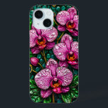 Stained Glass Featuring Pink Orchids iPhone 15 Case<br><div class="desc">Artistic composition of intricate pink orchids in a stained glass style with jewel accents framed beautifully,  highlighting elegance and charm.</div>