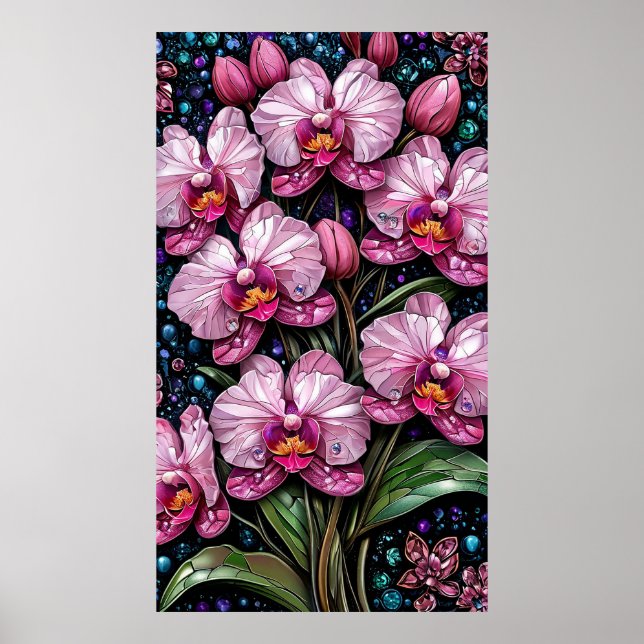 Stained Glass Featuring Pink Orchids Poster (Front)