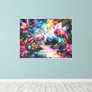 Stained Glass Flamingo Moon Garden Canvas Print
