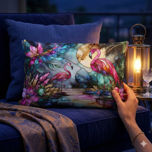 Stained Glass Flamingo Moon Garden Lumbar Cushion