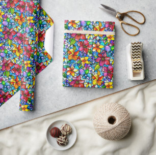 Stained Glass Floral and Leaf Seamless Pattern Wrapping Paper